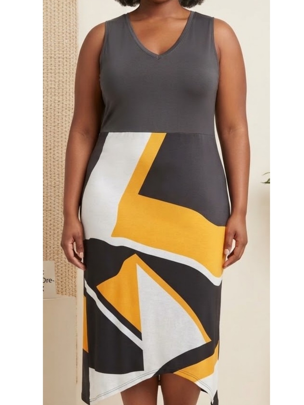Sleeveless Midi Dress in Black, Mustard & White